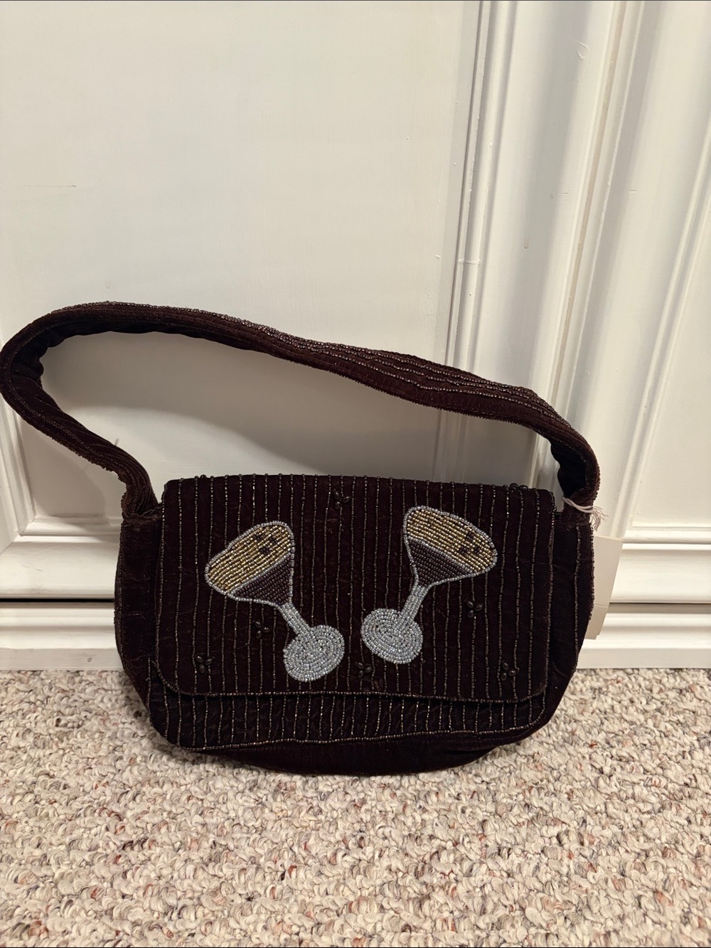 a new day Brown Velvet Shoulder Bag with Beaded Martini Glasses